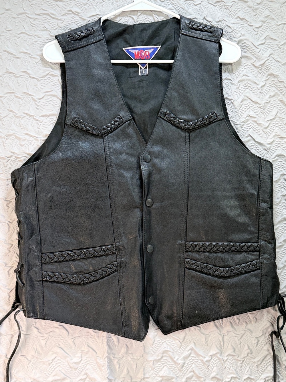 Mob Genuine Leather Motorcycle Biker Vest Mens Large Black Braided Lace Up